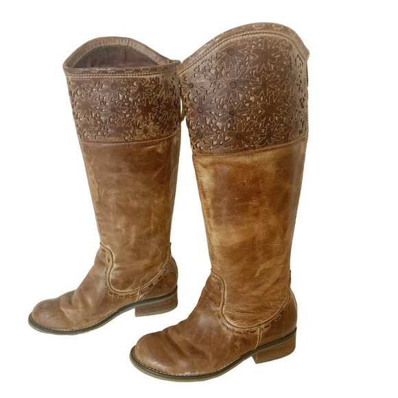 Corral Boots Shoes - Corral Charlotte Brown Distressed Leather Daisy Laser Cut Tall Equestrian Boots